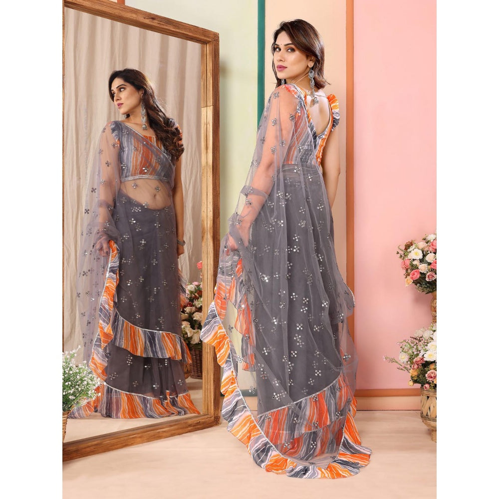 Odette Women Grey Net Mirror Work Saree & Unstitched Blouse