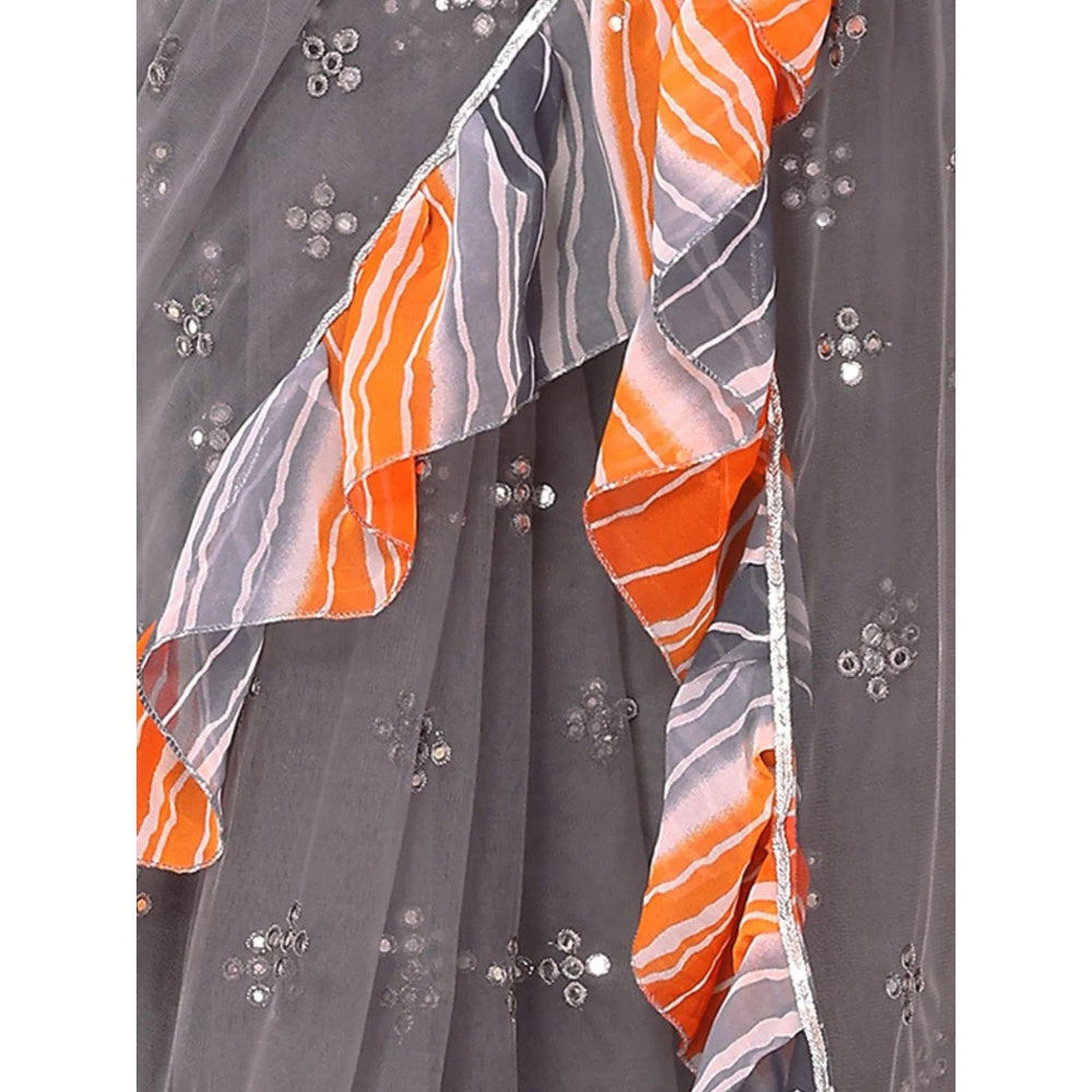 Odette Women Grey Net Mirror Work Saree & Unstitched Blouse