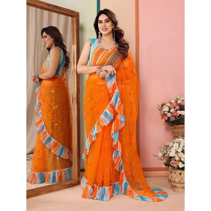 Odette Women Orange Net Mirror Work Saree & Unstitched Blouse