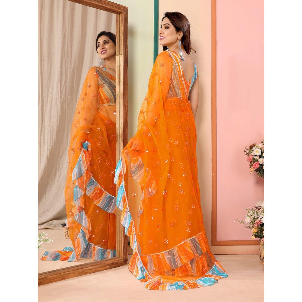 Odette Women Orange Net Mirror Work Saree & Unstitched Blouse