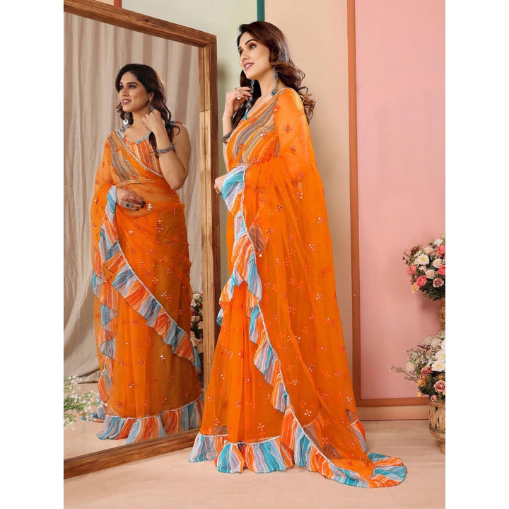 Odette Women Orange Net Mirror Work Saree & Unstitched Blouse