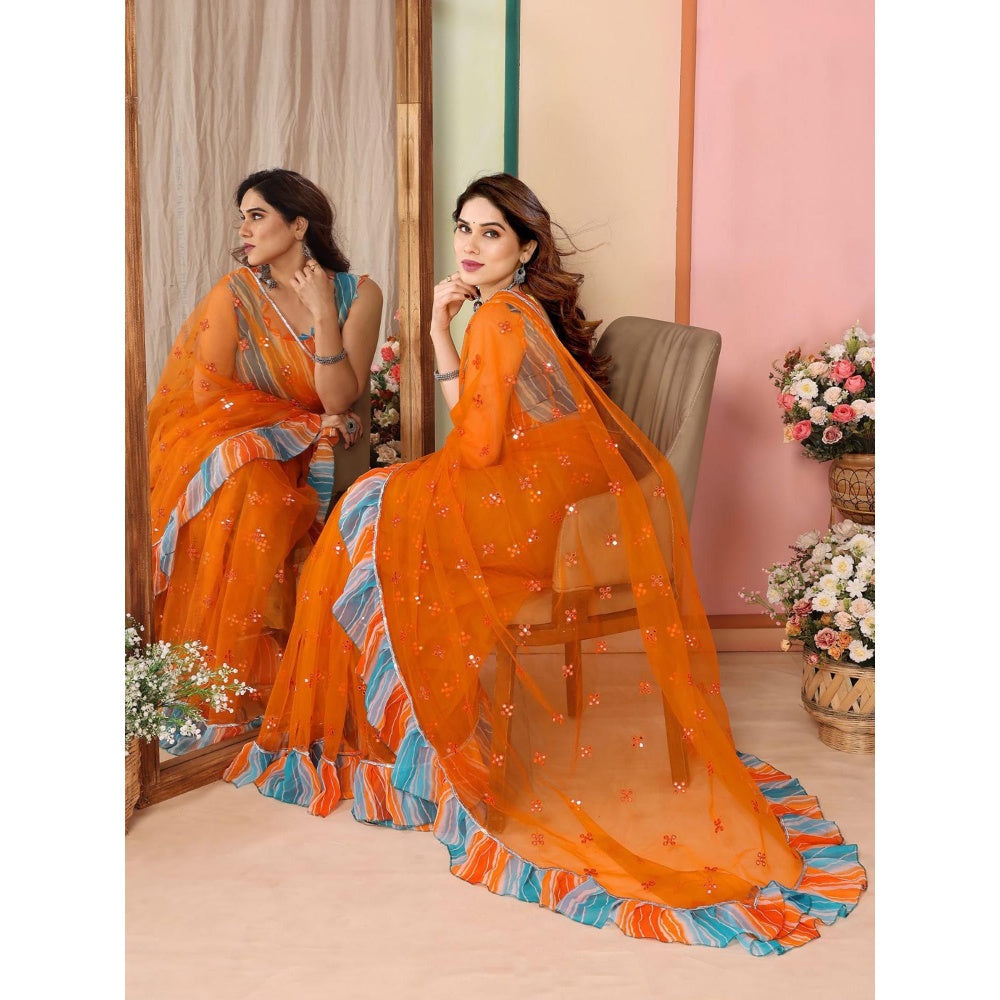 Odette Women Orange Net Mirror Work Saree & Unstitched Blouse