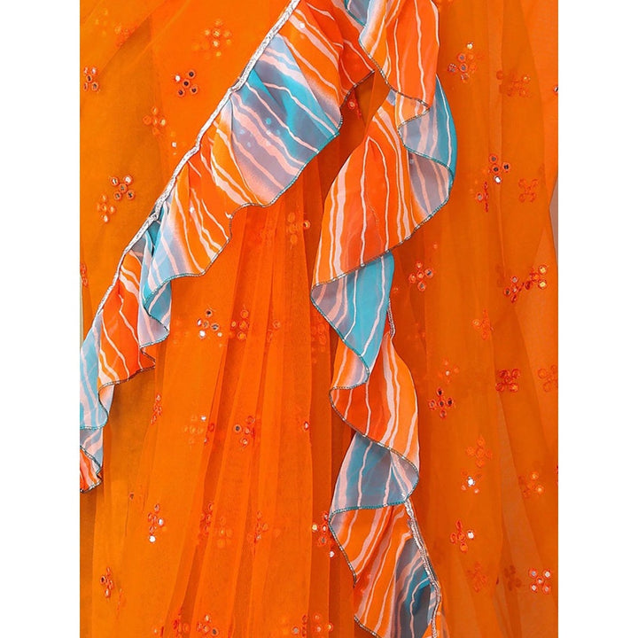 Odette Women Orange Net Mirror Work Saree & Unstitched Blouse