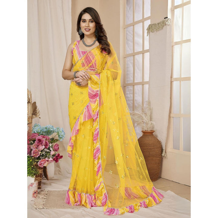 Odette Women Yellow Net Mirror Work Saree & Unstitched Blouse