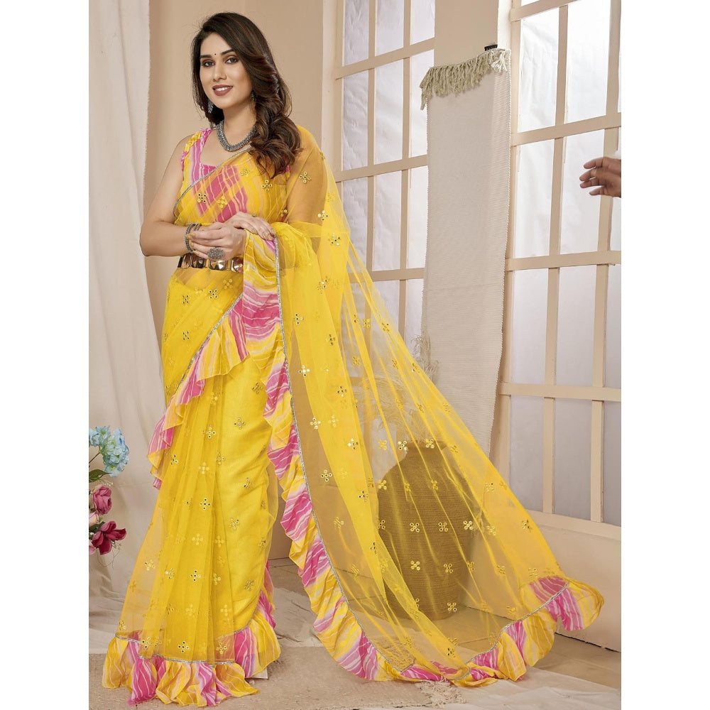 Odette Women Yellow Net Mirror Work Saree & Unstitched Blouse