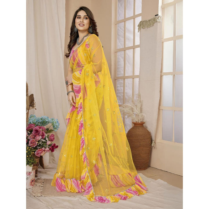 Odette Women Yellow Net Mirror Work Saree & Unstitched Blouse