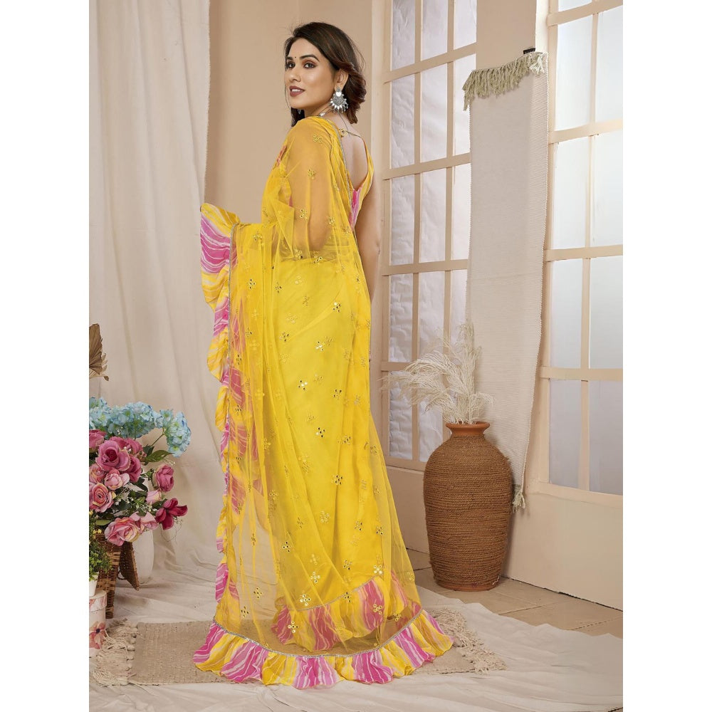 Odette Women Yellow Net Mirror Work Saree & Unstitched Blouse