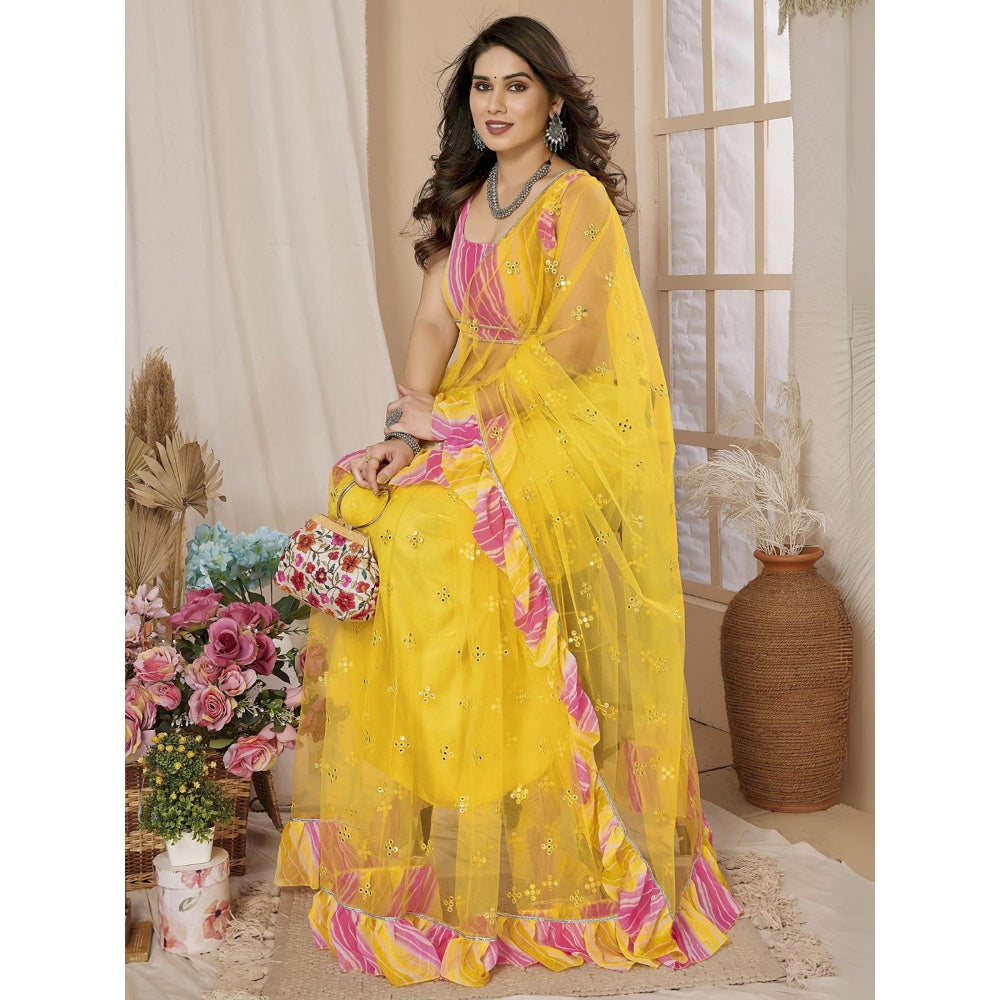 Odette Women Yellow Net Mirror Work Saree & Unstitched Blouse