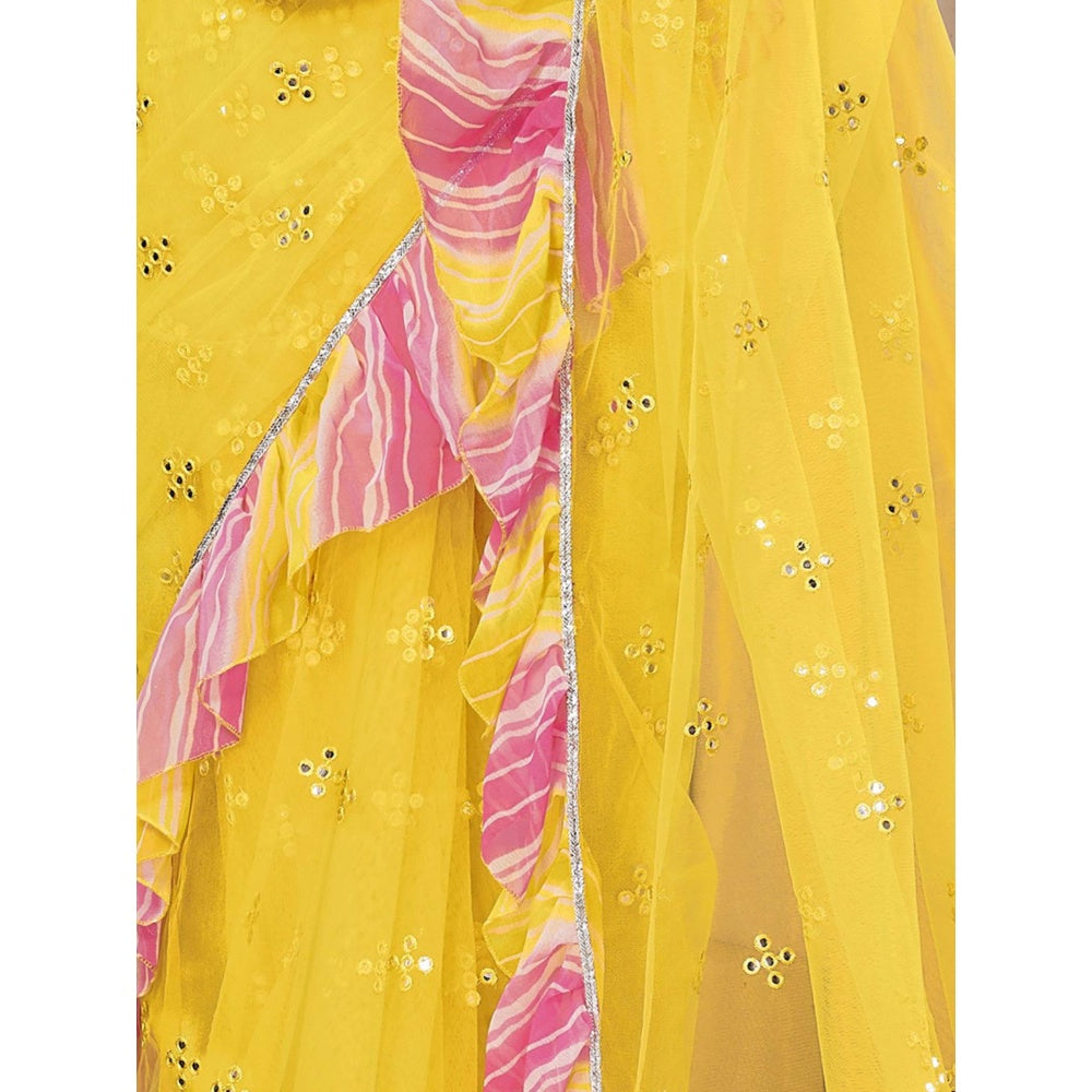 Odette Women Yellow Net Mirror Work Saree & Unstitched Blouse