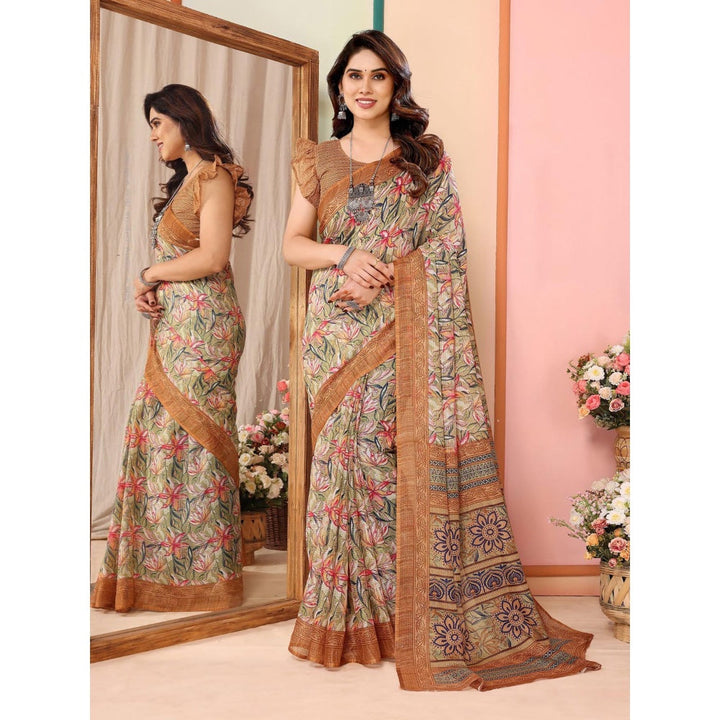 Odette Women Green Cotton Blend Printed Saree & Unstitched Blouse