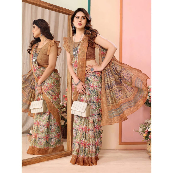 Odette Women Green Cotton Blend Printed Saree & Unstitched Blouse