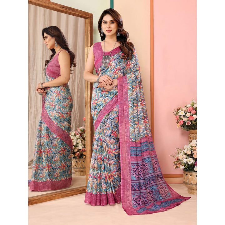 Odette Women Blue Cotton Blend Printed Saree & Unstitched Blouse