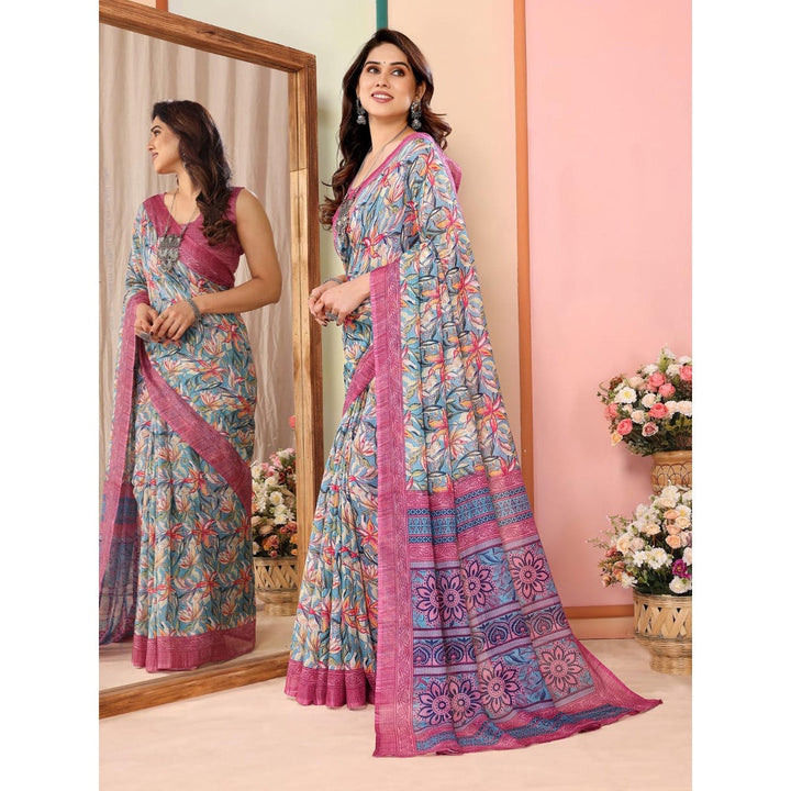 Odette Women Blue Cotton Blend Printed Saree & Unstitched Blouse