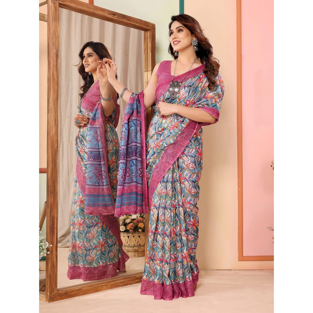 Odette Women Blue Cotton Blend Printed Saree & Unstitched Blouse