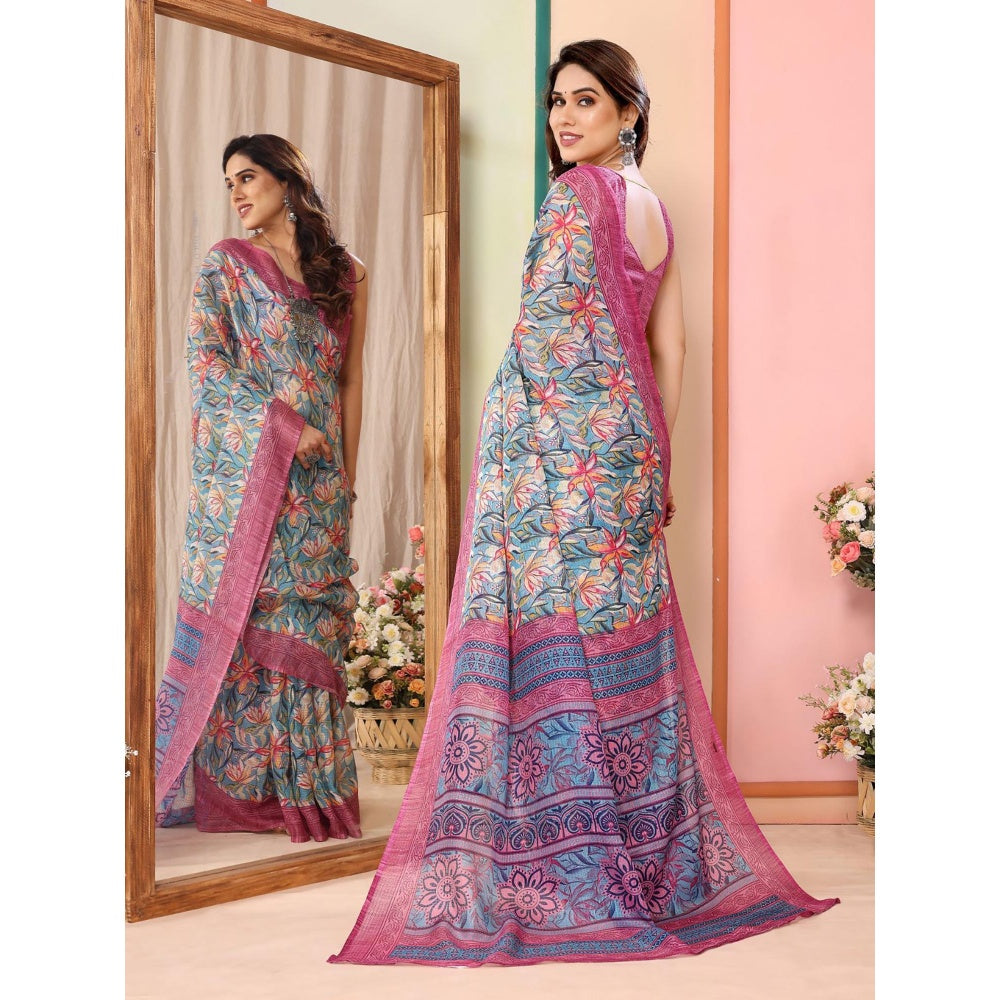 Odette Women Blue Cotton Blend Printed Saree & Unstitched Blouse