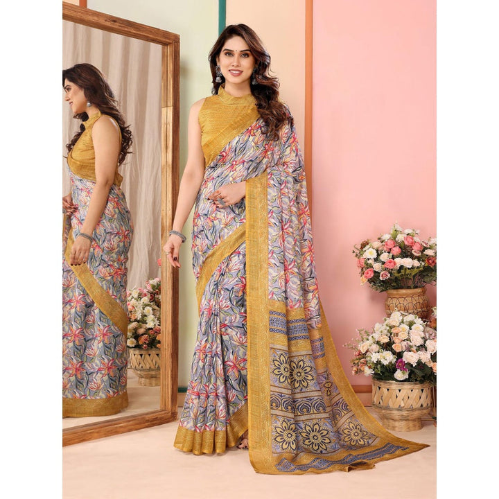 Odette Women Grey Cotton Blend Printed Saree & Unstitched Blouse