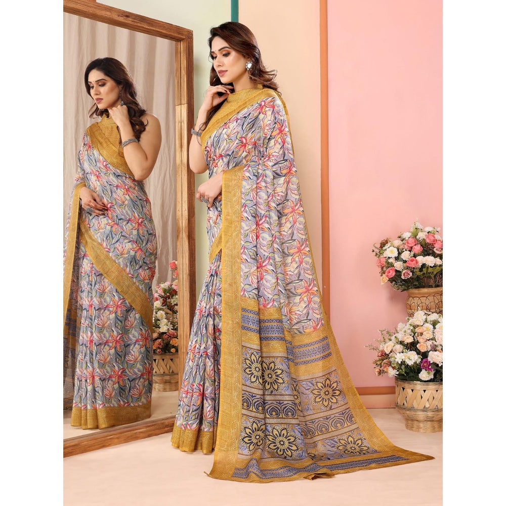 Odette Women Grey Cotton Blend Printed Saree & Unstitched Blouse