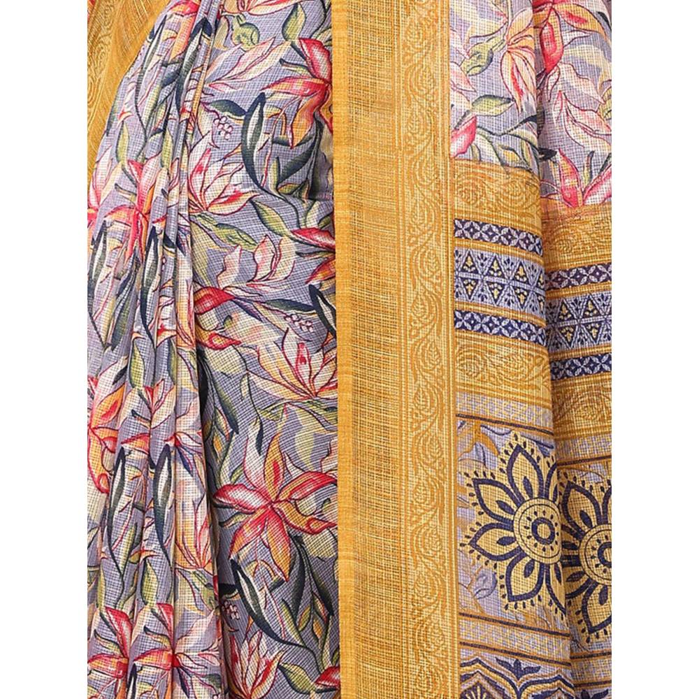 Odette Women Grey Cotton Blend Printed Saree & Unstitched Blouse