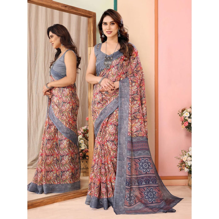 Odette Women Brown Cotton Blend Printed Saree & Unstitched Blouse