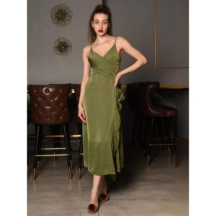 Odette Olive Green Solid Polyester Satin Midi Dress