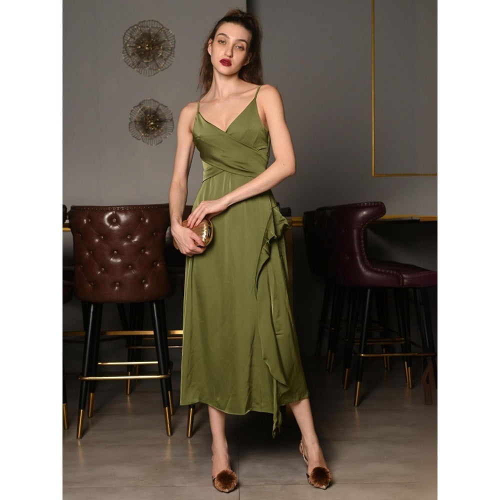 Odette Olive Green Solid Polyester Satin Midi Dress