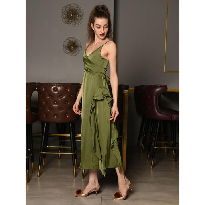 Odette Olive Green Solid Polyester Satin Midi Dress