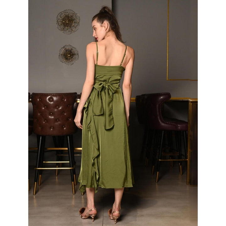 Odette Olive Green Solid Polyester Satin Midi Dress