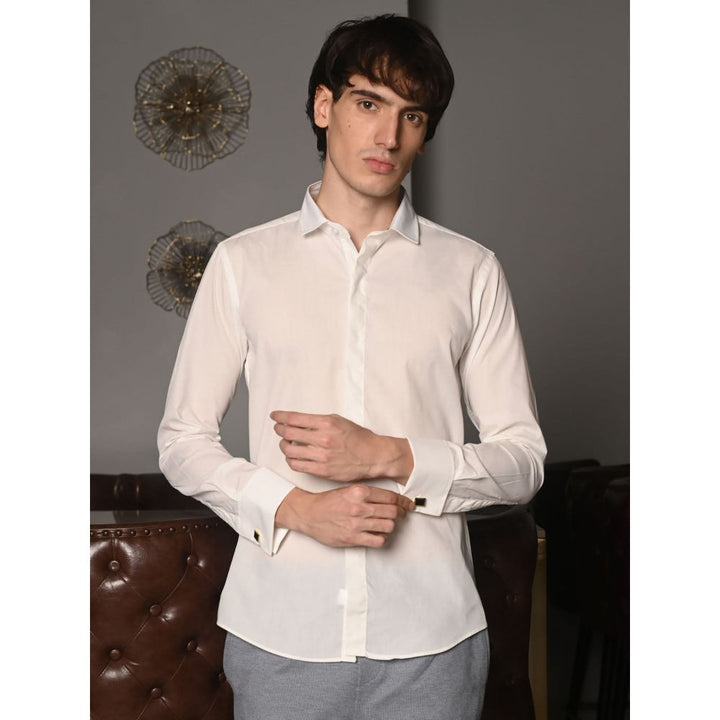 Odette White Solid Cotton Poplin Formal Shirt for Men