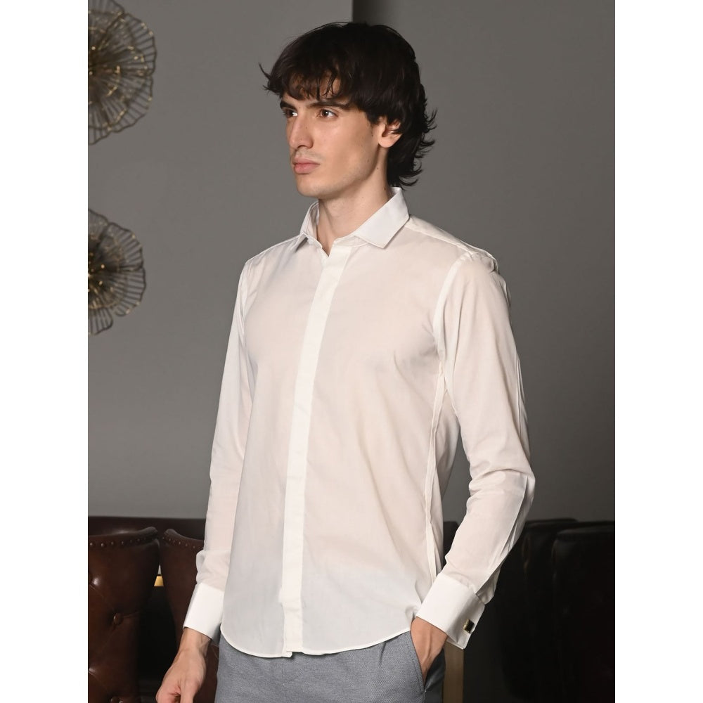 Odette White Solid Cotton Poplin Formal Shirt for Men