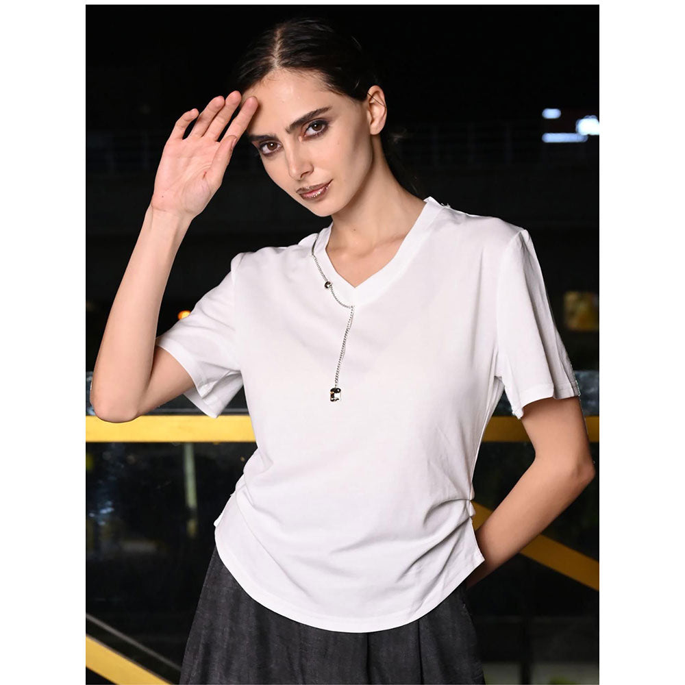 Odette Women White Cotton Solid Top