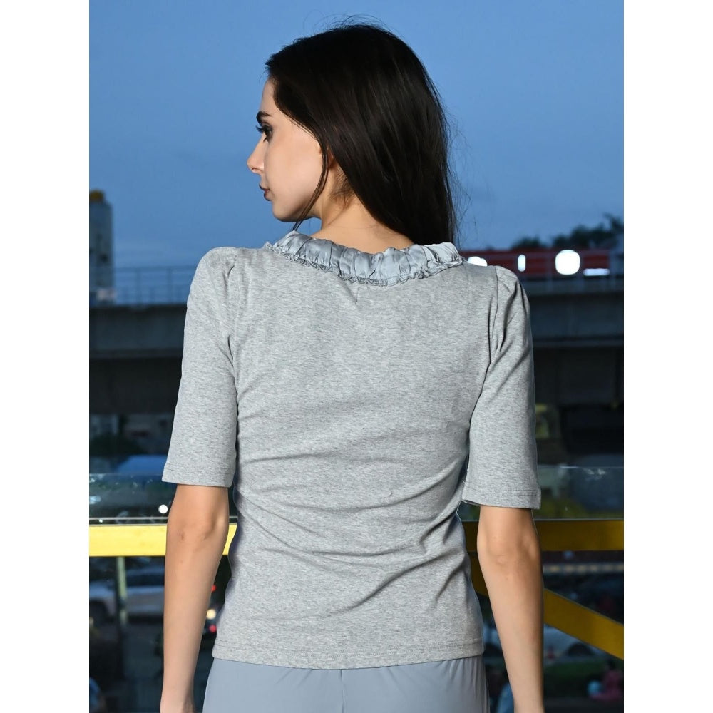 Odette Women Grey Cotton Solid Top