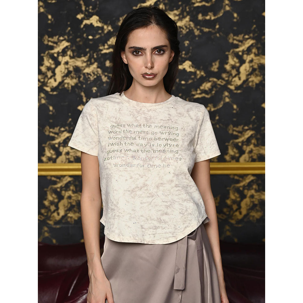 Odette Women Cream Cotton Embellished Top