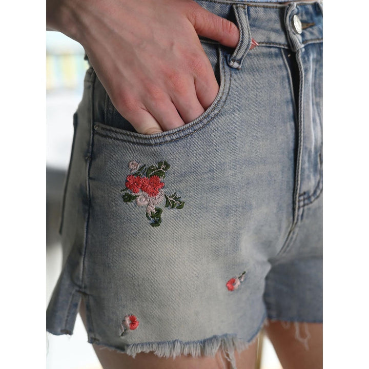 Odette Women Blue Denim Embroidered Shorts