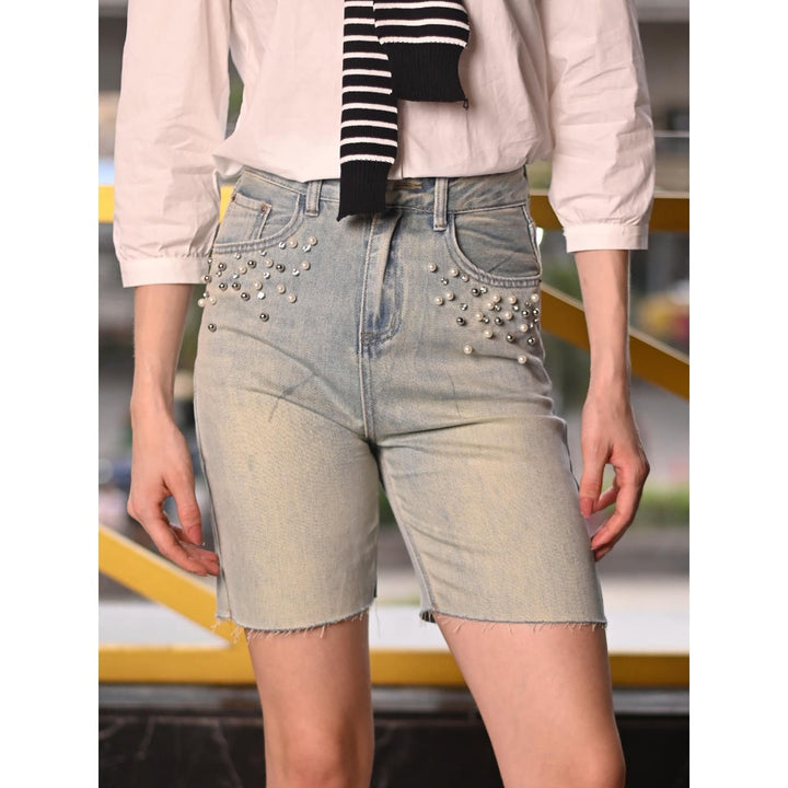 Odette Women Blue Denim Embellished Shorts