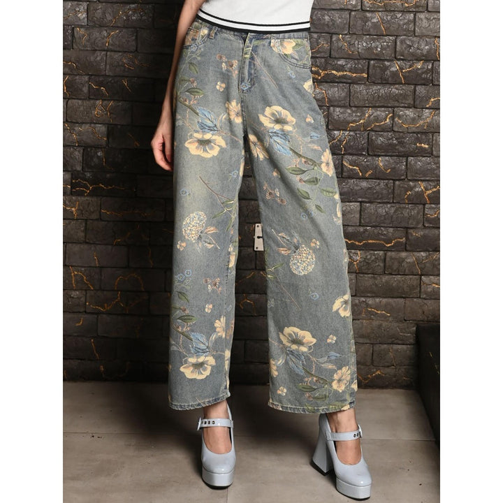 Odette Women Blue Denim Floral Trouser