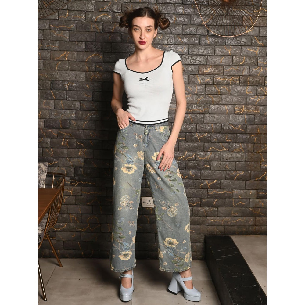 Odette Women Blue Denim Floral Trouser