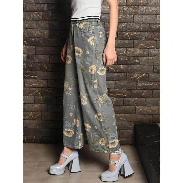 Odette Women Blue Denim Floral Trouser