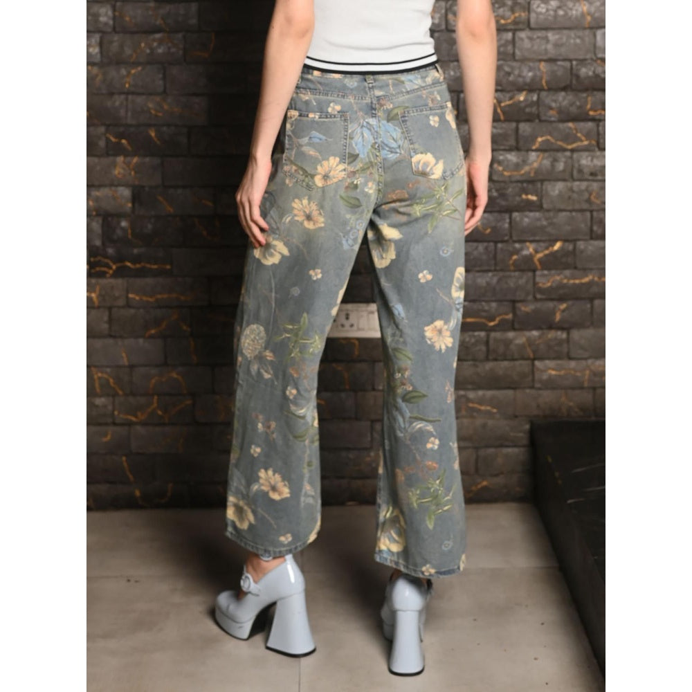 Odette Women Blue Denim Floral Trouser