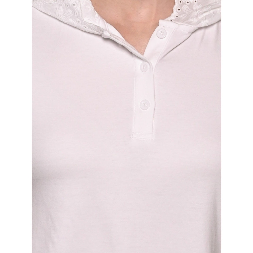 Odette White Cotton Blend Solid with Hakoba T-Shirt for Women