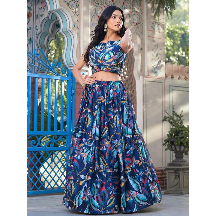 Odette Blue Georgette Printed Top With Skirt and Shrug For Women (Set of 3)