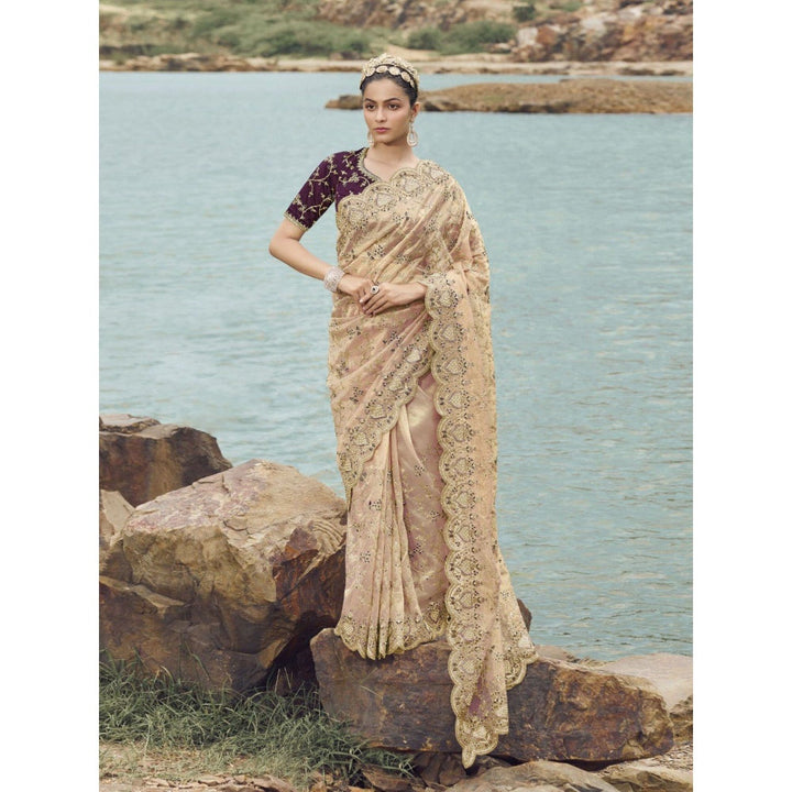 Odette Cream Embroidered Net Saree for Women with Unstitched Blouse