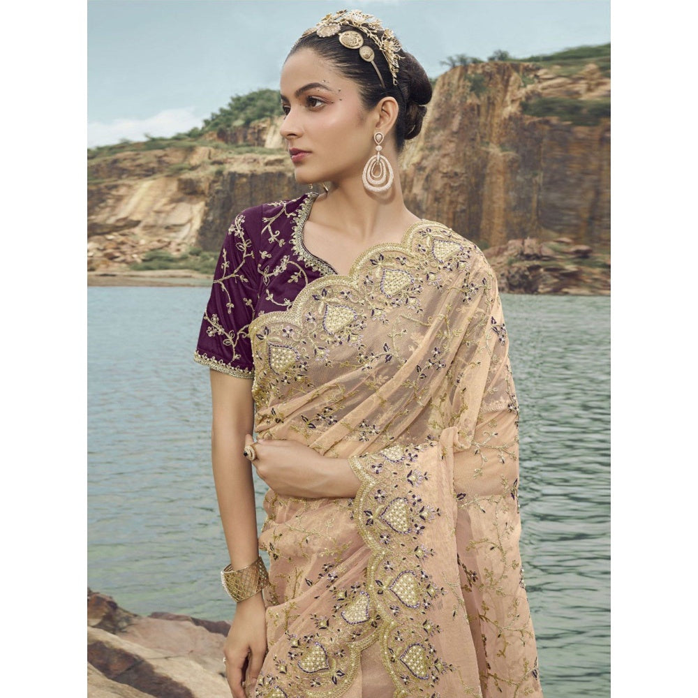 Odette Cream Embroidered Net Saree for Women with Unstitched Blouse