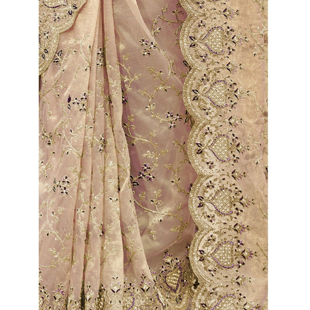 Odette Cream Embroidered Net Saree for Women with Unstitched Blouse