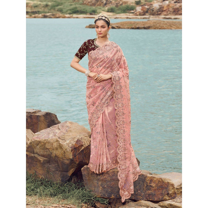 Odette Pink Embroidered Net Saree for Women with Unstitched Blouse