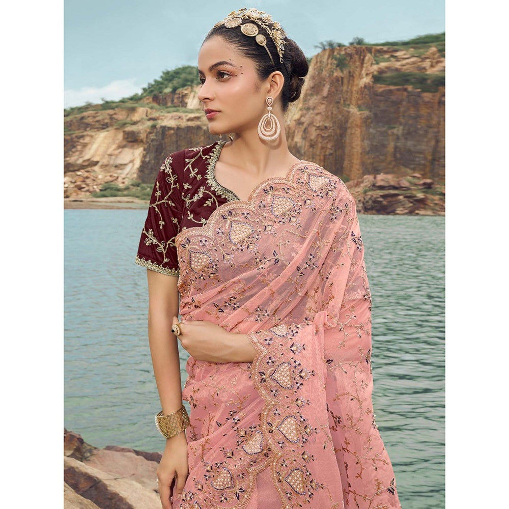 Odette Pink Embroidered Net Saree for Women with Unstitched Blouse