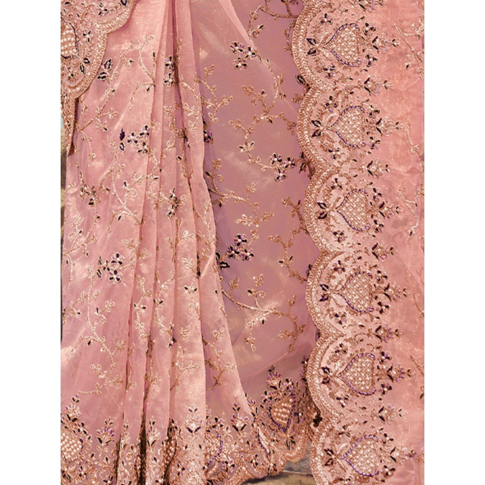 Odette Pink Embroidered Net Saree for Women with Unstitched Blouse