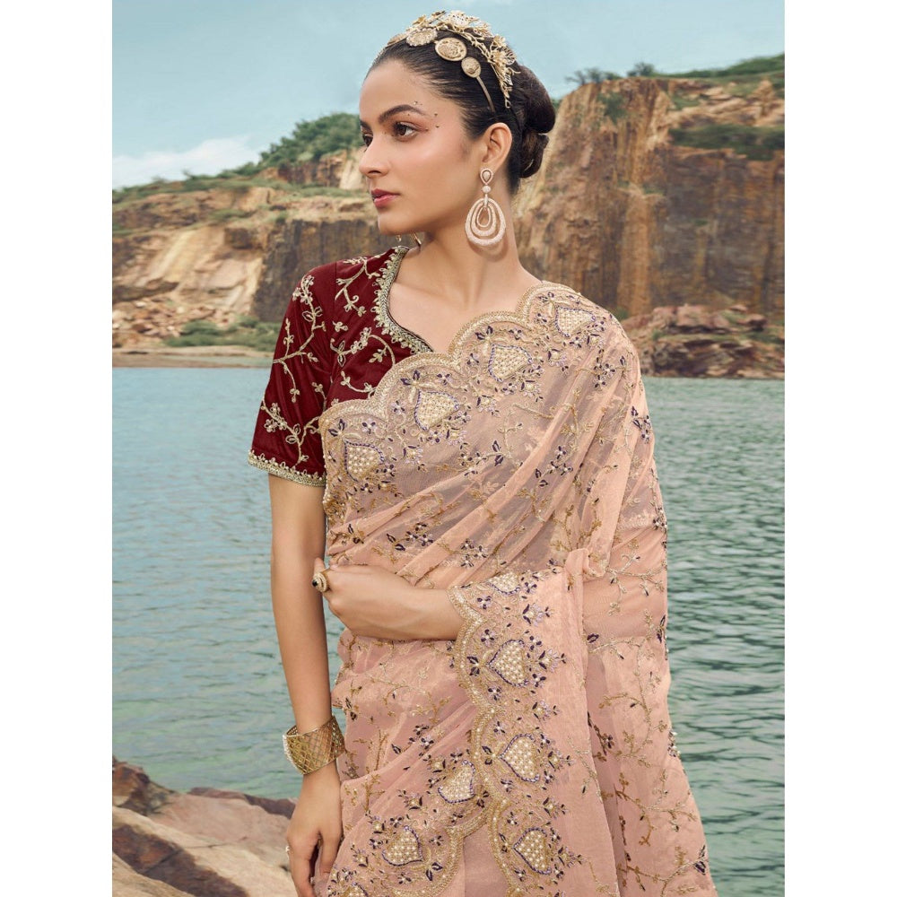 Odette Peach Embroidered Net Saree for Women with Unstitched Blouse