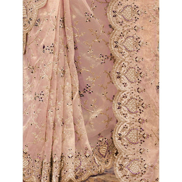 Odette Peach Embroidered Net Saree for Women with Unstitched Blouse