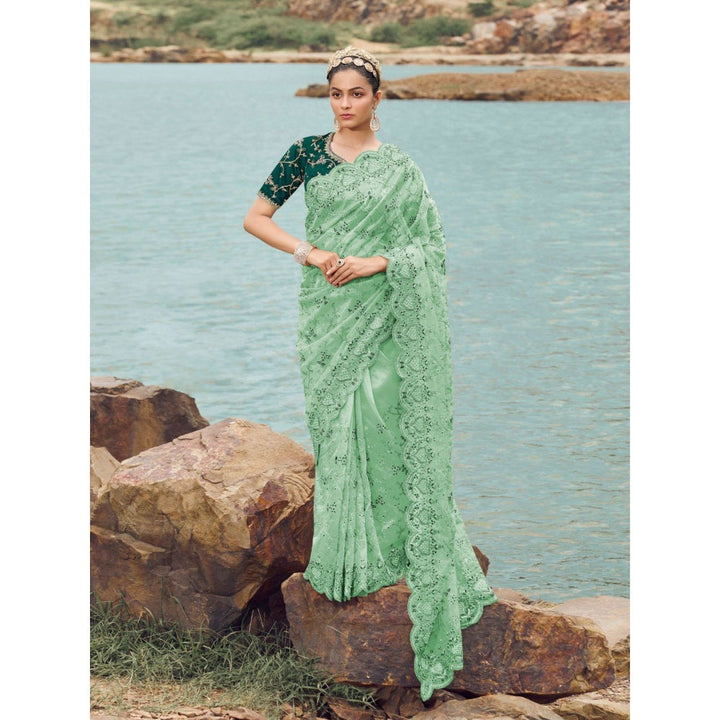 Odette Sea Green Embroidered Net Saree for Women with Unstitched Blouse