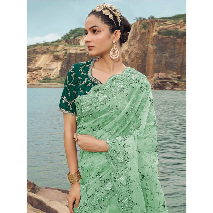 Odette Sea Green Embroidered Net Saree for Women with Unstitched Blouse